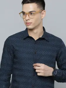 Flying Machine Men Navy Slim Fit Micro-Ditsy & Striped Pure Cotton Casual Shirt