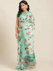 mokshi Green & Pink Floral Pure Linen Saree