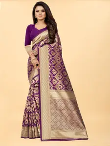 Hinayat Fashion Purple & Gold-Toned Woven Design Zari Silk Blend Banarasi Saree