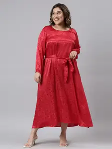 The Pink Moon Red Ethnic Motifs Jacquard A-Line Midi Dress