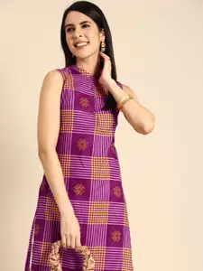 Anouk Women Checked & Ethnic Motifs Print Band Collar Pastels Pure Cotton Straight Kurta