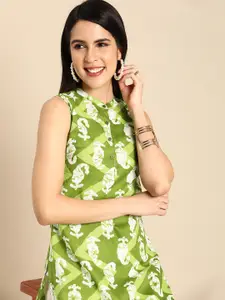 Anouk Women Paisley Print Band Collar Pure Cotton Straight Kurta