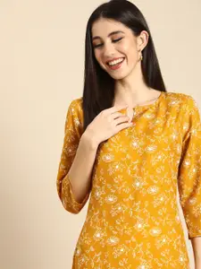 Anouk Women Yellow & White Floral Printed Pure Cotton A-Line Kurta
