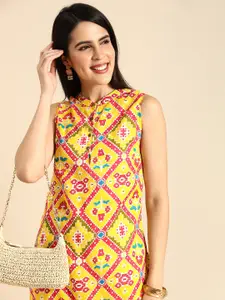 Anouk Women Geometric Print Band Collar Pure Cotton Straight Kurta