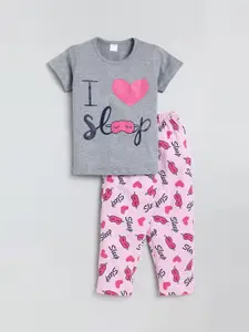 Todd N Teen Girls Grey & Pink Printed Pure Cotton Night suit