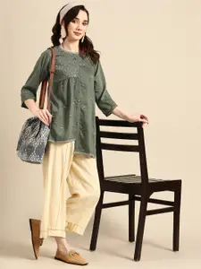 Sangria Olive Green Embroidered Longline Top