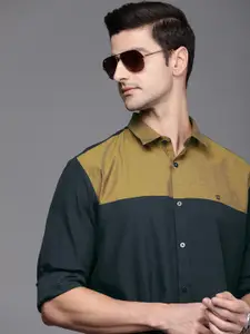 Louis Philippe Sport Men Black And Khaki Slim Fit Colourblocked Pure Cotton Casual Shirt