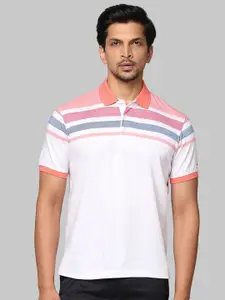 Park Avenue Men White & Red Striped Polo Collar Slim Fit Cotton T-shirt