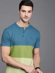 Louis Philippe Jeans Men Blue & Green Colourblocked Slim Fit Pure Cotton Casual  T-shirt