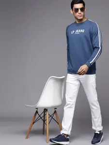 Louis Philippe Jeans Men Teal Blue Knitted Printed Sweatshirt