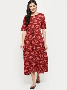 max Red & falu red Floral A-Line Midi Dress