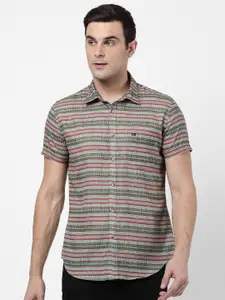 AD By Arvind Men Olive Green Slim Fit Horizontal Stripes Striped Casual Shirt