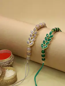I Jewels Set of 2 Gold-Plated Grey & Green Pearl Beaded Bracelet Rakhi with Roli Chawal