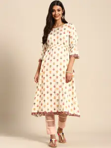 Sangria Women Off White & Red Floral Printed Bell Sleeves Floral Kurta