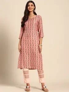 Sangria Women Peach-Coloured & Navy Blue Paisley Printed Kurta