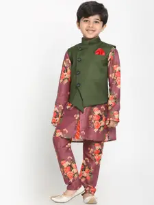 VASTRAMAY Boys Purple Floral Embroidered Top with Salwar With Green Solid Nehru Jacket
