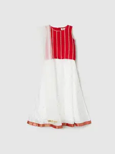 max Girls Red & White Embroidered Ready to Wear Lehenga &