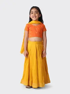 Fabindia Girls Orange & Yellow Embroidered Ready to Wear Lehenga & Blouse With Dupatta