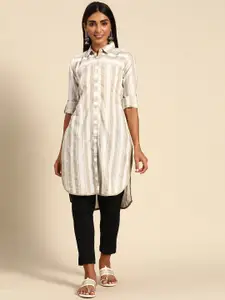 GERUA Women Beige & White Striped Cotton High-Low Pathani Kurta