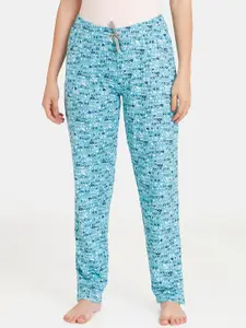 Rosaline by Zivame Women Turquoise Blue Printed Cotton Lounge Pants