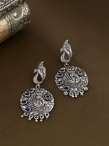 kashwini Silver-Toned & Blue Peacock Shaped  Silver-Plated Drop Earrings