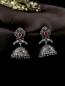 kashwini Silver-Plated & Red Contemporary Jhumkas Earrings