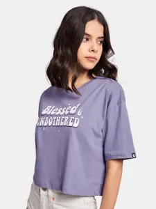 The Souled Store Women Lavender & White Printed Oversized Cotton T-shirt