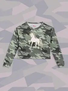 Macy's Epic Threads Girls Green & Off White Camouflage & Graphic Printed T-shirt