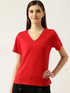 Besiva Women Red V-Neck T-shirt