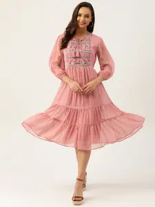 Antheaa Rose Pink Tie-Up Neck Embroidered Laced Tiered Dress