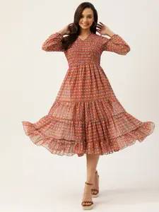 Antheaa Rust Brown Chiffon Printed Tiered Midi Dress
