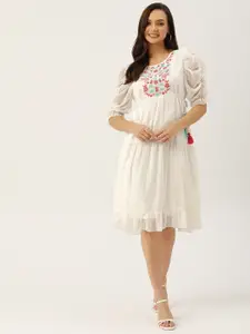 Antheaa White Floral Chiffon Embroidered Laced A-Line Dress