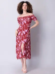 FabAlley Red Floral Off-Shoulder Crepe Maxi Dress