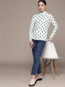 Macy's Karen Scott Women White & Green Printed High Neck T-shirt