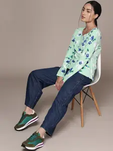 Macy's Karen Scott Women Green & Blue Floral Printed T-shirt
