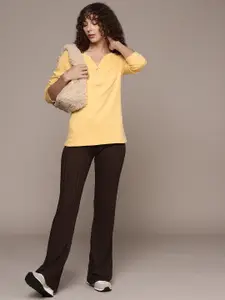 Macy's Karen Scott Women Yellow V-Neck Pure Cotton Solid T-shirt