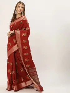 SERONA FABRICS Maroon & Green Woven Design Embroidered Silk Cotton Banarasi Saree