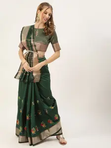 SERONA FABRICS Green & Gold-Toned Floral Embroidered Silk Cotton Banarasi Saree