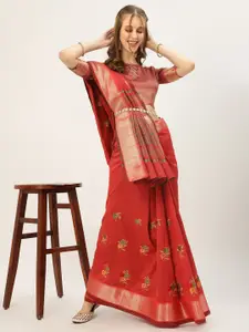 SERONA FABRICS Pink & Green Floral Embroidered Silk Cotton Banarasi Saree