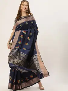 SERONA FABRICS Blue & Green Floral Embroidered Silk Cotton Banarasi Saree