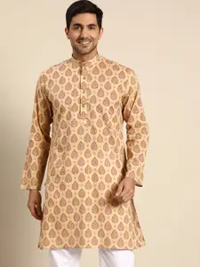 RAJUBHAI HARGOVINDAS Men Beige & Red Ethnic Motifs Printed Cotton Handloom Kurta