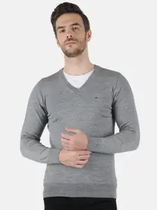 Monte Carlo Men Pure Wool Grey Solid Full Sleeved V neck Pullover