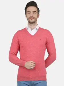 Monte Carlo Men Pink Solid V Neck Pullover