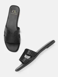 Carlton London Women Black Basket Weave Textured Flats with Cut-Out