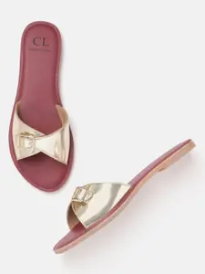 Carlton London Women Gold-Toned Glossy Finish Flats with Buckles