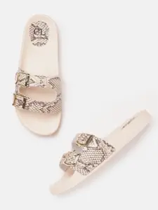 Carlton London Women Peach-Coloured & Brown Snake Skin Printed Open Toe Flats with Buckle