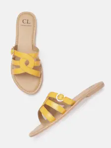 Carlton London Women Mustard Yellow Croc Textured Open Toe Flats with Cut Out detail