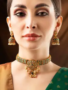 Rubans Gold-Plated Green Stone-Studded Temple Necklace Beaded Jewellery Set