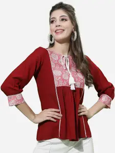 Selvia Red Floral Print Tie-Up Neck Top