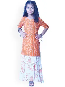 misbis Girls Orange Bandhani Printed Kurti with Skirt &  Dupatta